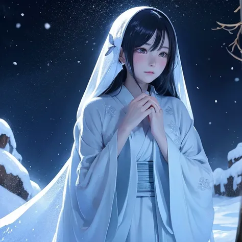 Anime illustration style、A beautiful Yuki-onna stands in a dark snowy mountain、A sad face with a slightly downcast face