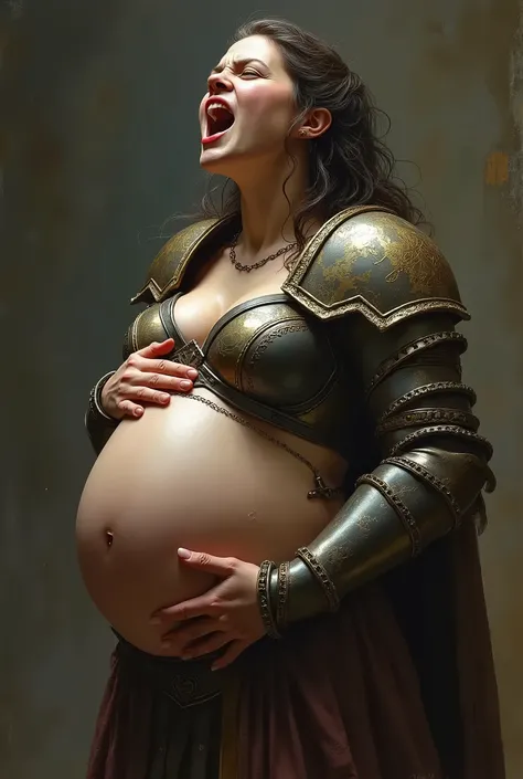 Weak Pregnant female in fantasy armour, gigantic belly. Voluptuous, experiencing contractions, Belly pain, painful, scared, unhappy, clutching the belly, looking up, back arched, screaming 