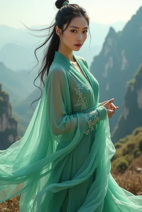 Full body Girl, Chinese, magnificent, glamorous, gorgeous, random pose, wearing jade green robe, standing on huashan mountain, eye contact, 
(photo-realistic, ultra realistic 8k CG:1.2), perfect artwork, delicate pattern, (best quality,intricate detail,ext...