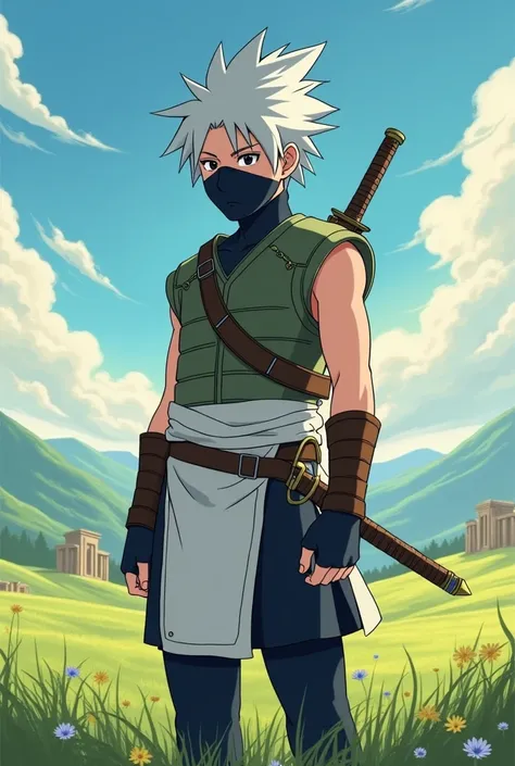 **"Depict Kakashi Hatake as a young warrior in anime style, exuding a blend of mystery, intelligence, and strength. His silver hair, untamed and spiky, catches the sunlight, framing his masked face with an air of intrigue. His one visible eye, a piercing b...