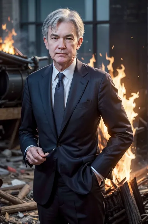 Jerome Powell FED EUA, Hes wearing a suit, and is throwing fuel on a fire, and in that bonfire there is the Bitcoin dollar sign