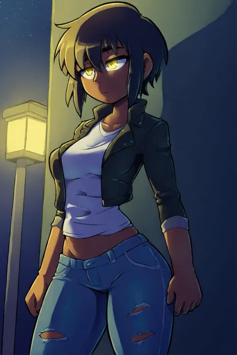 1 girl, solo, tanned skin, yellow eyes, tired look, Short hair Hair, long bangs, short stature, , Leather Jacket, ripped jeans, medium breasts, middle thighs, athletic build. Night, suburb, poor lighting, night lighting.