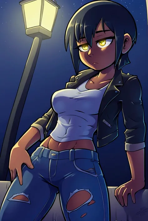 1 girl, solo, tanned skin, yellow eyes, tired look, Short hair Hair, long bangs, short stature, , Leather Jacket, ripped jeans, medium breasts, middle thighs, athletic build. Night, suburb, poor lighting, night lighting.