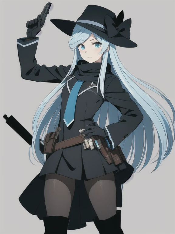 ((Best quality))), ((Ultra-detailed)), ((illustration)), ((Disheveled hair)), ((frilld)), (1 girl), (Solo),1girl, gun, handgun, hat, holding, holding_gun, looking_at_viewer, solo, weapon, rating:safe, adjusting_clothes, adjusting_hat, adjusting_headwear, b...