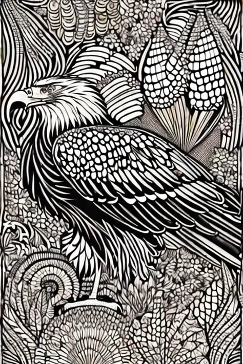 fying eagle, for adult coloring book, medium intricate edged poligonal forms inside without shadows, only white spaces, a4 forma...