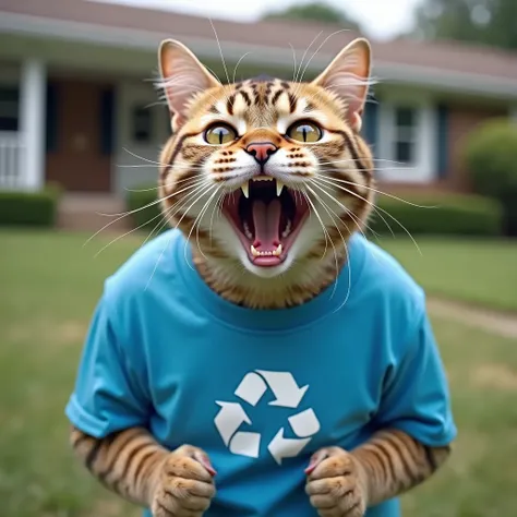 This photo is a close-up of a cat. And she is wearing a blue T-shirt with a white logo on it. Her eyes are wide open and her mouth is slightly open, as if she is yelling or screaming. Her hands are clasped together in front of her chest. In the background,...