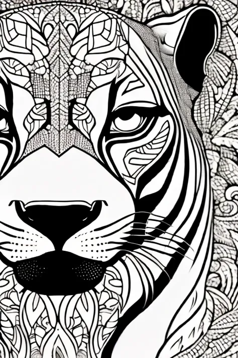 panther, for adult coloring book, medium intricate edged poligonal forms inside without shadows, only white spaces, a4 format, w...