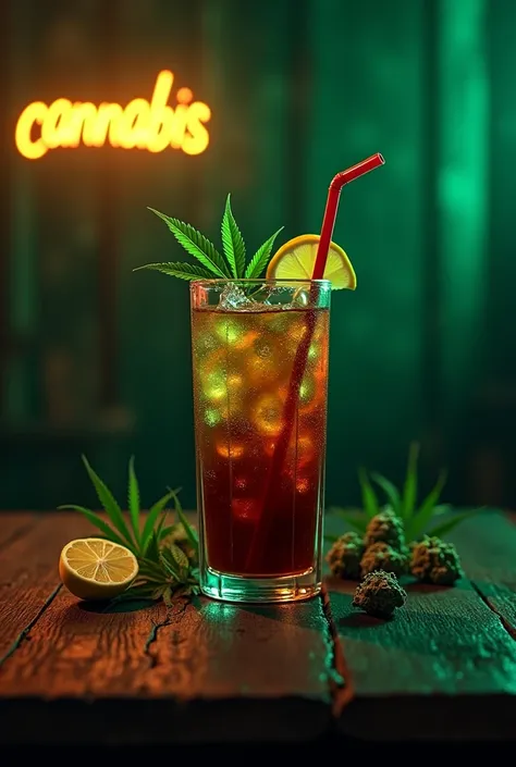 A digitally rendered tableau, the central focus is a tall glass filled with a murky, dark liquid, adorned with fresh cannabis leaves and buds, a floating lemon slice, and a red-tipped straw. Set against a deep, dark green background with neon accents, a ne...