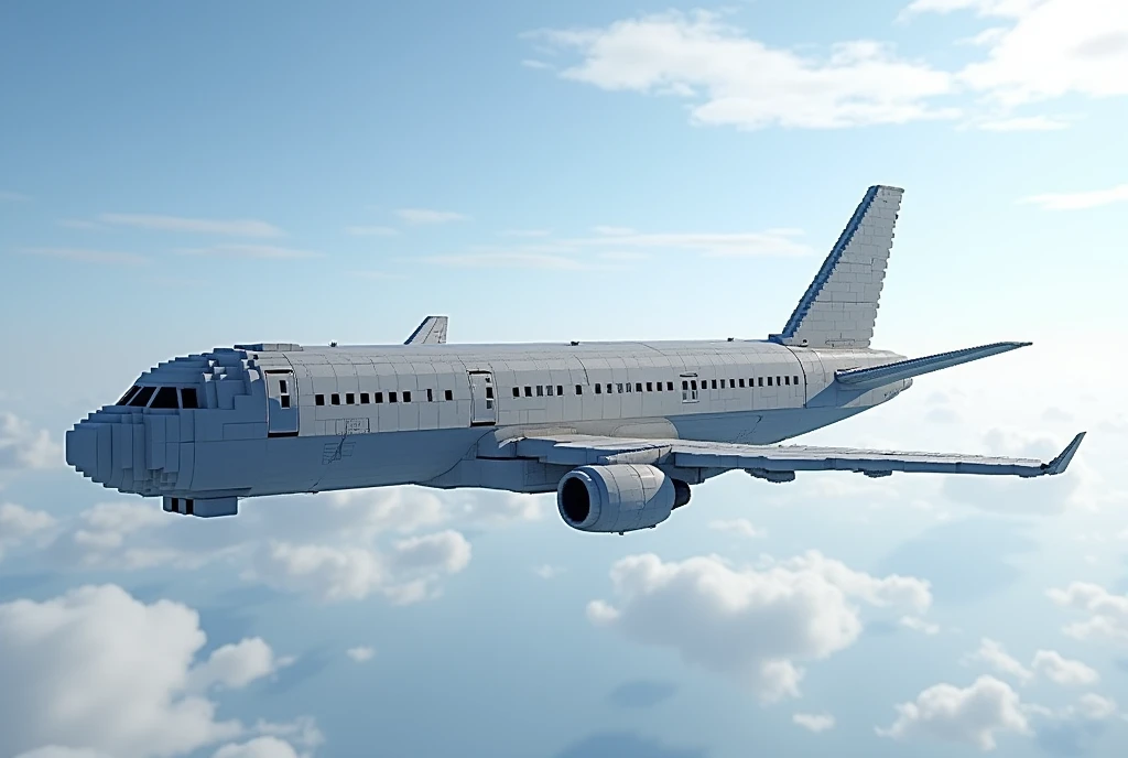 High resolution, masterpiece, high quality, a large commercial plane made in Minecraft picture perfect 