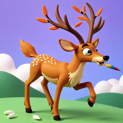 in claymation art style, a deer with sharp antlers covered in feathers darts hovering around it