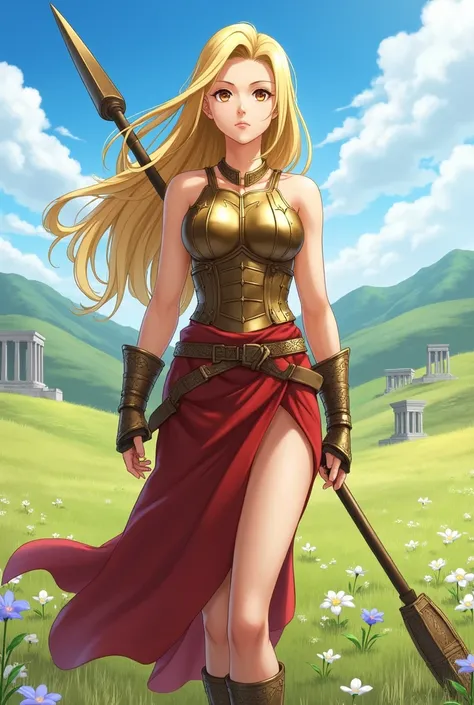 **"Depict Tsunade Senju as a powerful and graceful warrior in anime style, blending beauty, strength, and determination. Her long, golden blonde hair flows freely, cascading down her back in smooth waves, shimmering under the sunlight with a radiant glow. ...