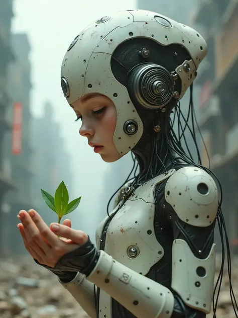 A cyborg girl holds a small green sprout in her hands. The atmosphere of the post-apocalypse, the ruins of an urbanized city in the background. Ultra detailed, contour sharpness, clear focus, 8K high resolution, cinematic, photorealistic.