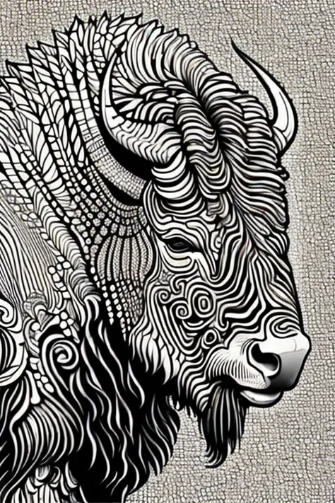 bison, for adult coloring book, medium intricate edged poligonal forms inside without shadows, only white spaces, a4 format, whi...