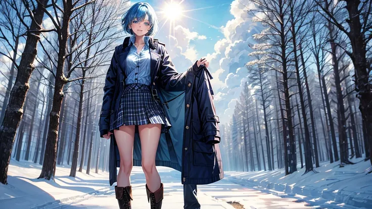 1girl, solo, trees, sun, clouds, winter, ((blue hair)), short hair, large breasts, button down shirt, ((blue checked shirt)), ((sweater)), ((unbuttoned shirt)), ((winter coat)), unbuttoning buttons, blue eyes, skirt, boots, smile, happy, looking at the vie...