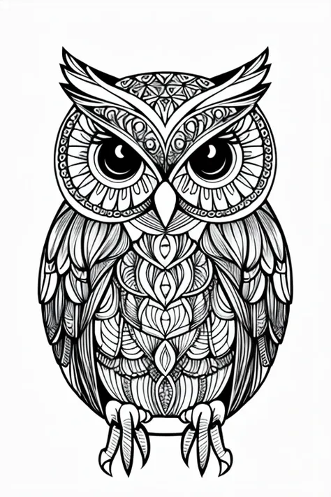 owl, for adult coloring book, medium intricate edged poligonal forms inside without shadows, only white spaces, a4 format, white background