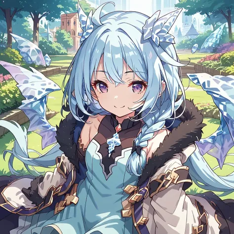 1 girl, Sheffy, princess connect!, Light blue long hair, braid, Purple Eyes, Ice dragon wings, Ice cube、fur-trimmed jacket, dress, fur-trimmed hood, fur-trimmed gloves, break masterpiece、Beautiful attention to detail:1.2, Perfect lighting, (perfect hand, p...