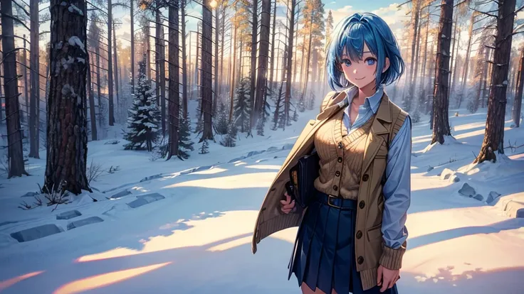 1girl, solo, trees, sun, clouds, winter, ((blue hair)), short hair, large breasts, button down shirt, ((shirt)), ((vest sweater)), ((unbuttoned shirt)), ((winter coat)), unbuttoning buttons, blue eyes, skirt, boots, smile, happy, looking at the viewer, sta...