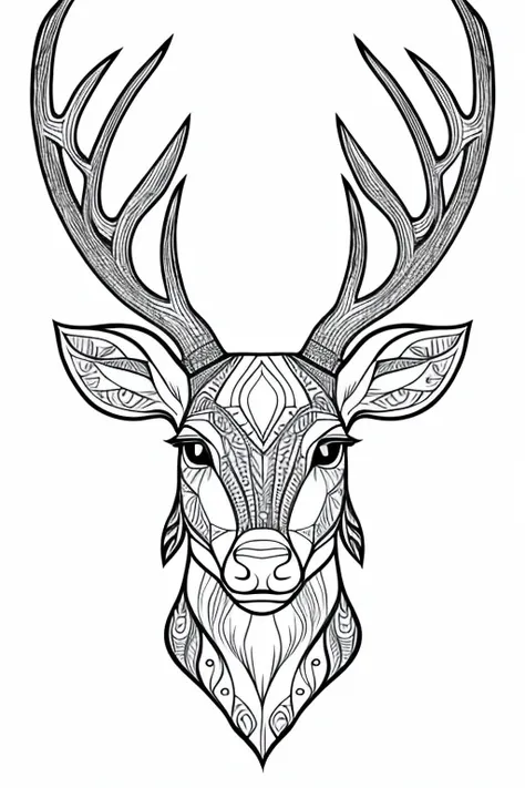 deer head, for adult coloring book, medium intricate edged poligonal forms inside without shadows, only white spaces, a4 format, white background