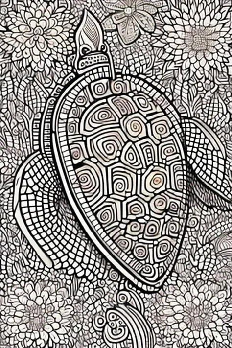 turtle, for adult coloring book, medium intricate edged poligonal forms inside without shadows, only white spaces, a4 format, wh...