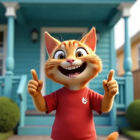 This photo is a close-up of the cat with a big smile on his face. He is wearing a red t-shirt with a white logo on it. The character is standing in front of a blue house with a porch and a balcony. He has his arms out to the side and his hands are pointing...