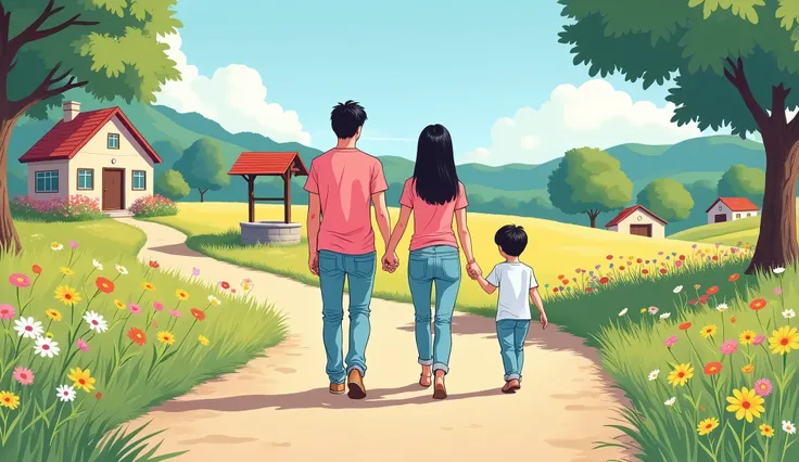 small houses in the country ,In front of the well、In one face, a man and a woman walk hand in hand along a path lined with wildflowers, smiling affectionately.,pink t-shirt,연한 jeans,Boy in white t-shirt,jeans,short black hair, Bright environment,2D style a...