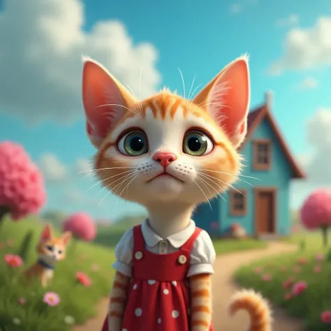 This photo is a close-up of a cats face. And she has big, round eyes. Her nose is red and she is wearing a red dress with white polka dots. Her mouth is slightly open, as if she is about to say something. In the background, there is a blue house with a gre...