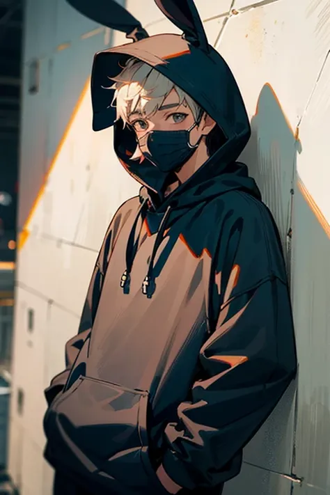 ((best quality)), ((Masterpiece)), (detailed), 1boy, in a black bunny hoodie, in front of a wall, with bandana on the face as a mask