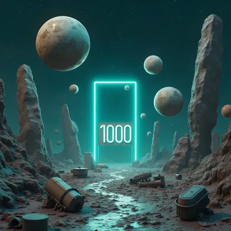 Floating geometrical 3d shapes levitating above ground on a weird landscape filled with old mechanical parts remnants from past civilization. Odd shapes of rock formations are scattered around. An old rusty neon sign with the word "1000" with cyan dim ligh...