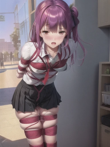 1girl, purple_hair, brown_rope, whole_body , bdsm, open mouth, bondage, bound, bound_ankles, bound_arms, bound_legs, bound_wrist...