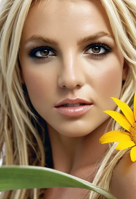 britney de biquíni em pé na praia com girassóis, , deusa. Detalhe extremamente alto, Deusa do verão, uma deusa em um campo de flores, frontal em um campo de flores, , A deusa do verão, best quality, realistic, realistic, Award Winning Illustration, (Highly...