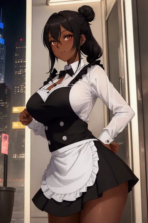 (Isade, 20 years old, 178cm tall, slender build, petite waist, mature and sensual figure, large breasts, plump rear, dark skin tone),
(Dark skin color: 1.5),

1girl, standing outside a building during daytime, wearing a classic black and white maid uniform...