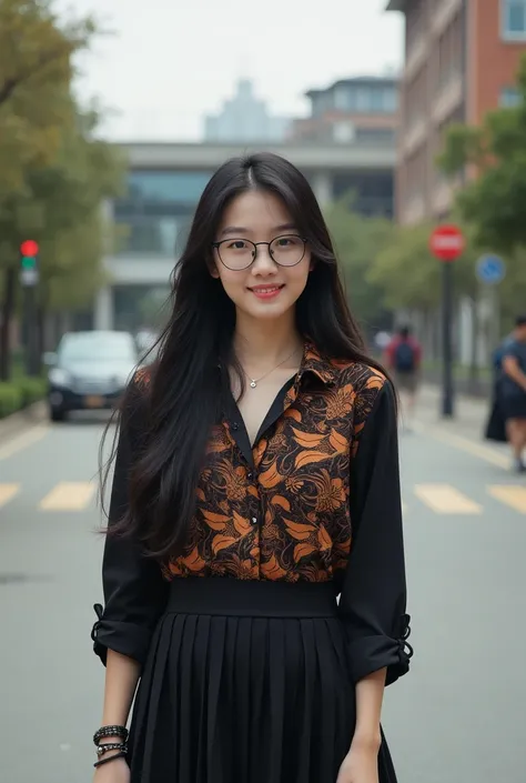 photography A beautiful Korean woman, long black hair, wearing minus glasses, top outfit, black batik shirt with orange leaf motif with sleeves rolled up to the elbows, black skirt underneath. Looking at the camera and smiling. Background of the street at ...