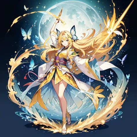 ((High resolution　Yellow Hair　Long Hair　Goddess of Victory　One person　Lonely　smile))　((Blue Butterfly　night　Japanese style　old　Shining Aura　rainbow))　(dance　Blade of Light　Shining Holy Sword　Swing Down　Slashing)　moon　star　Draw your sword　Slashing　Catching ...