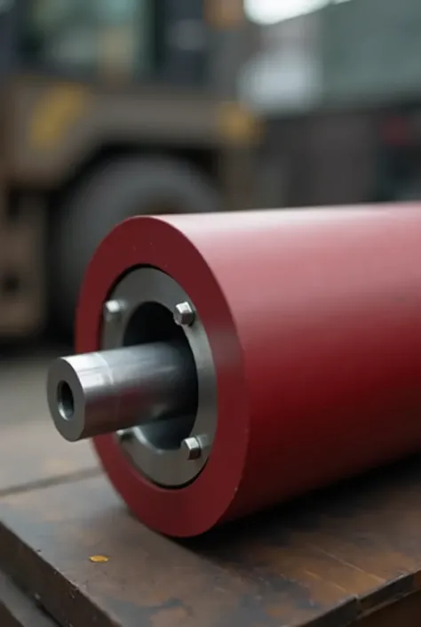 "Image of an industrial roller with a metal core with a rubber coating layer, dark red matte finish. The roller must have a smooth and well-defined surface with a total diameter of 4" and total length of 16", with a shiny metal core showing polished mechan...