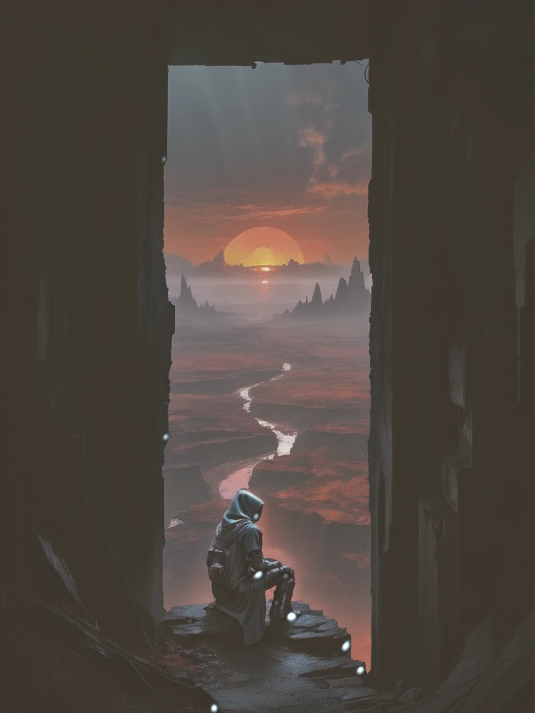 Surreal science fiction concept art, Futuristic cyberpunk folklore, post human apocalypse, harsh survivalism, epic composition, A hooded, synthetic humanoid cyborg, weathered and in tattered clothes, sits at the edge of a towering cliff on a barren exoplan...