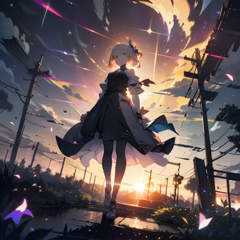 ((style:Colored pencil,Light color)),(anime)、(masterpiece:1.2),Atmospheric Perspective,Lens Flare,One Girl, Wide viewing angle, Firefly Garden, Small faint lights and fireflies are flying around