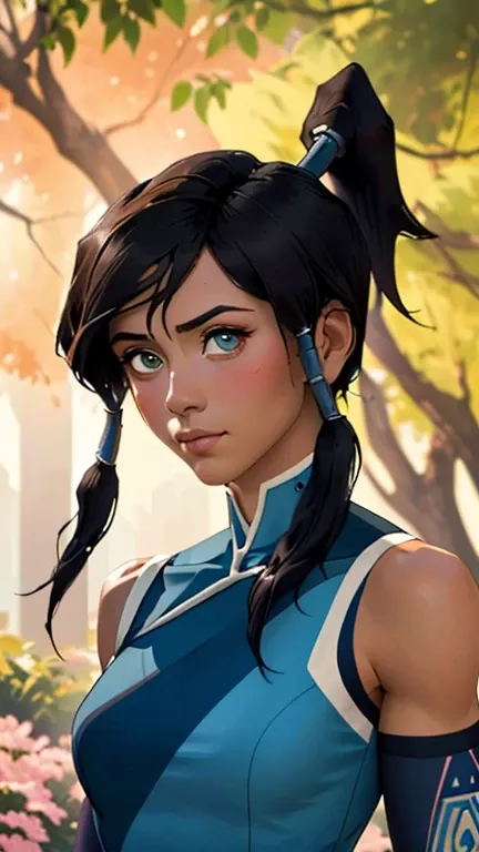 (best quality, masterpiece, colorful, dynamic angle, highest detailed)(korra),upper body photo,fashion photography of cute girl (korra),ponytail,dark skin,bare shoulders,in dynamic pose,bokeh,(intricate details, hyperdetailed:1.15),detailed,sunlight passin...