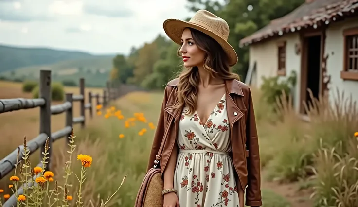 A woman in a long linen dress with a floral print Portrait of a woman standing against a rural landscape in a long loose dress with small floral patterns. The dress is made of natural linen, loose and light, complemented by a straw hat and a woven shoulder...