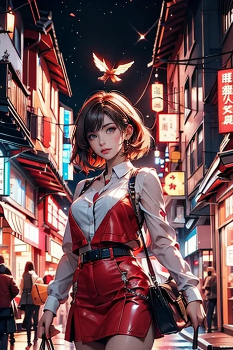 woman,lina, short hair flies over the city, 火, red glow