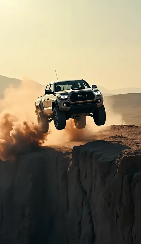 Toyota truck jumping from cliff , cinematic , high angle 