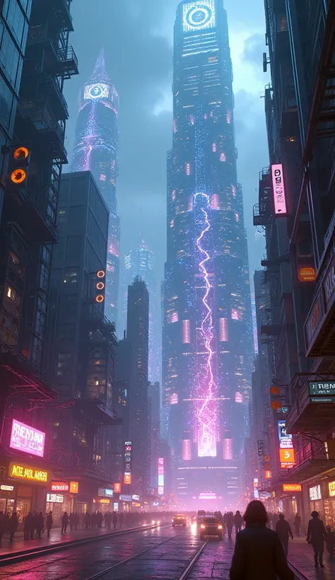 A futuristic cyberpunk city, neon lights, floating skyscrapers, advanced technology, magical elements, parallel realities, glowing energy fields, cinematic atmosphere, dramatic lighting, vibrant colors, highly detailed, 8K, photorealistic, masterpiece