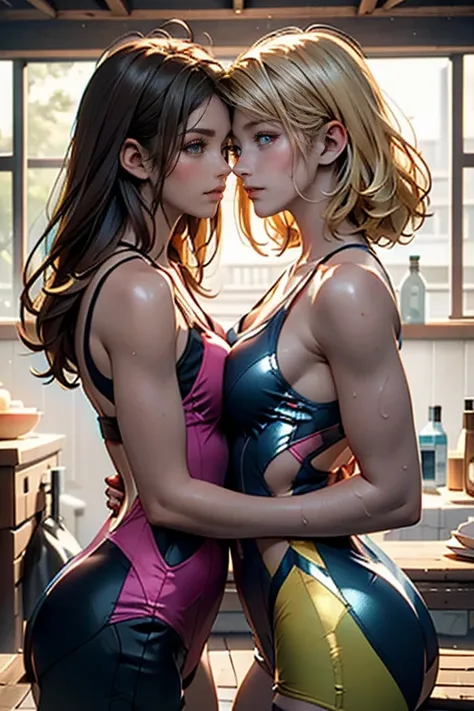 2 women kissing next to each other, in shiny white and blue string competition swimsuits, sleeveless, at the same height, (A brunette, tanned) (a blonde), Small, sweaty breasts, Masterpiece, best quality, Amazing shadows, detailed backgroundseide shot