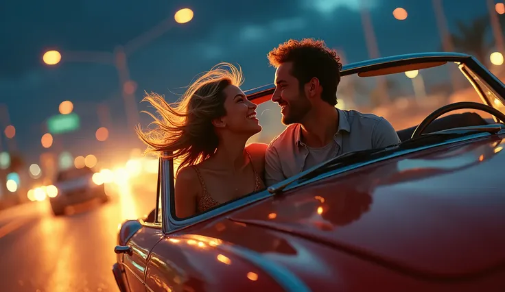 Scene: (Detailed Face), (young couples) The couple, They jump into a convertible car, laughing as they drive through the night. The wind blows through their hair.
Effect: Fast-paced motion with quick cuts, wind effects.
Mood: Fun, adventurous.., (best qual...