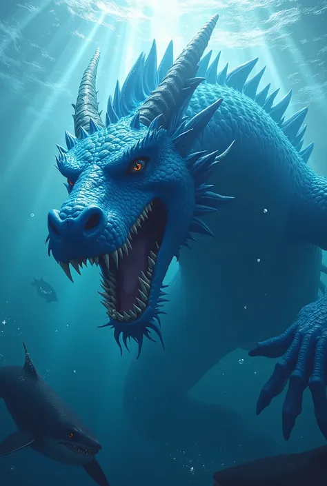 Big blue dragon with sharp teeth, who hunts sharks in the water and eats them.