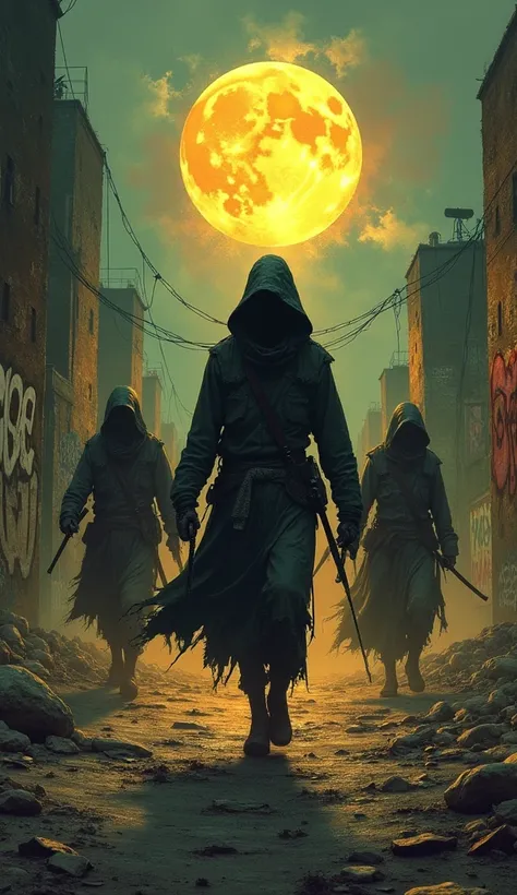 ((post apocalyptic Wasteland, abandoned place, debris, destruction, destroyed buildings graffiti on the walls:1.5)), ((dark zombies, tattered clothing with hood and weapons, dynamic pose, epic:1.6)), ((dark background, full moon night:1.4)), (Masterpiece),...