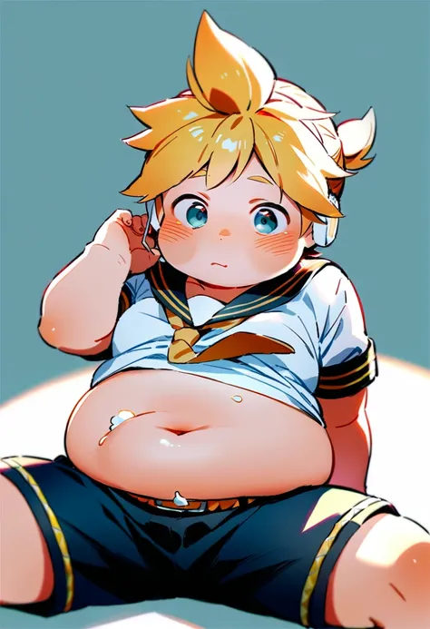 boy, (fat male child), (Kagamine Len), (cute), obese, chubby cheek, fat rolls, school uniform, earphone, (chubby), (plump), (belly spill over the waistband), sitting on a floor, (full blushed), belly button exposed, stuffing himself with food