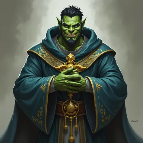 This image has to do with RPG - Orc Man - Dark Green Skin - Blue Eyes - Black Hair - Short.
- Life Cleric Clothes (with the symbol of Isis)
- Light smile - Cheerful eyes Clergy clothes covering the whole body, style of a priest&#39;s or monk&#39;s robe.