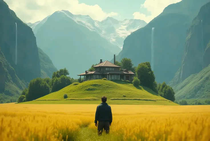 landscape , house on top of green hill , with mountain behind it with water fall , yellow field of wheat infront of it , cinematic , film , realistic , ultra 4K  , from bellow , warm tone , man standing looking to the house , from behind