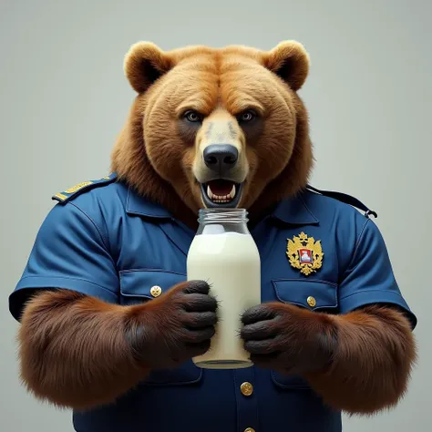 Angry Brown Bear, Russian, holds a jar of milk in his paws, shakes milk into his mouth, dressed in a blue uniform shirt of the Russian police, photorealistic, looks at the viewer, throw