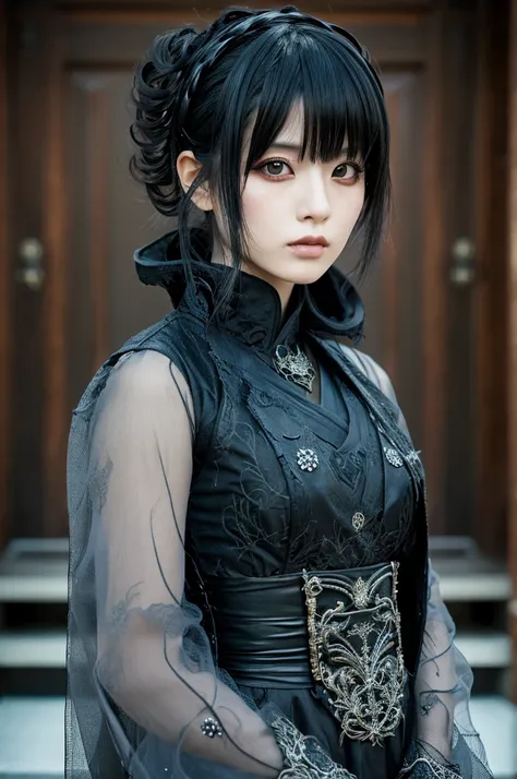 1 Japanese woman, Asian eyes, Visual kei hairstyle, 30 years old, Visual kei outfit, ultra detailed face and eyes, hyperrealistic, realistic representation